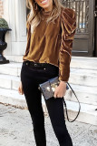 Brown Velvet Frill Collar Puff Long Sleeves Top