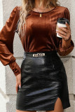 Brown Crew Neck Puff Velvet Top
