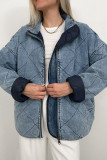 Blue Washed Quilted Zipper Denim Jacket