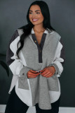 Medium Grey Plus Size Colorblock Patchwork Curved Hem Henley Hoodie