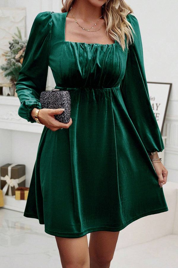 Dark Green Square Neck Flare Dress