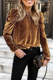 Brown Velvet Frill Collar Puff Long Sleeves Top