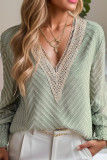 Mint V Neck Lace Edge Texture Long Sleeves Top