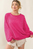 Rose Red Loose Round Neck Drop Shoulder Textured Top