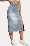 Washed Blue High Low Waist Denim Skirt