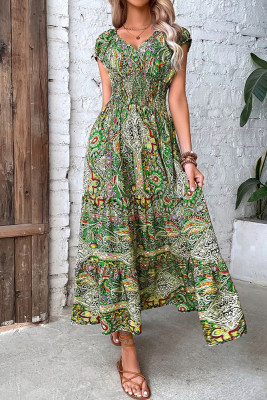 Boho Vintage V Neck Maxi Dress