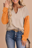 Parchment Corduroy Patchwork Drop Shoulder V Neck Top