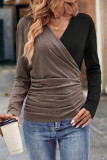 Color Block V Neck Ruched Long Sleeves Top