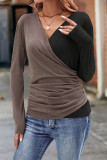 Color Block V Neck Ruched Long Sleeves Top