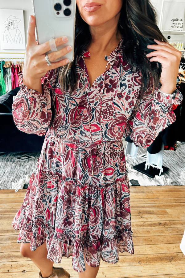 Pitaya Pink Floral Print Ruffle Tiered Puff Sleeve Mini Dress