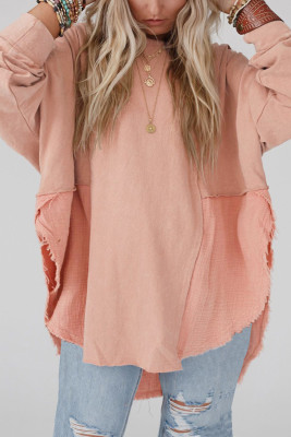 Pale Chestnut Patchwork Raw Hem Loose Fit Plus Size Top