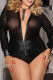 Black Plus Size Zipped Mesh Leather Long Sleeve Teddy Lingerie
