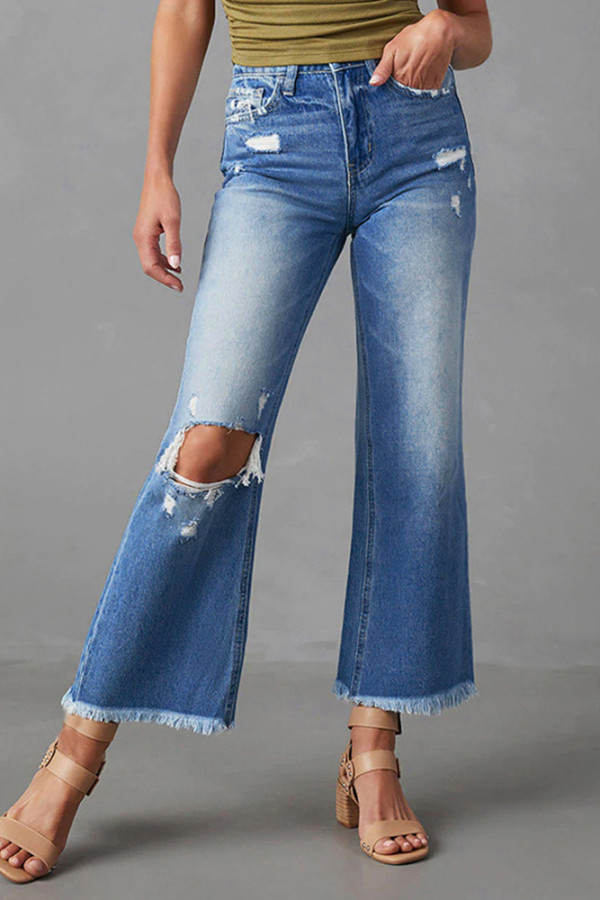Distressed Ripped Raw Hem Denim Jeans