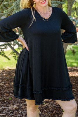 Black Plus Size Ruffled Trim 3/4 Sleeve Dress