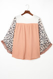 Khaki Printed Plus Ruffle Leopard Sleeve Waffled Color Block Top
