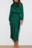 Plain Silky High Collar Midi Dress