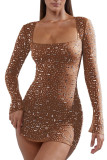 Hot Drilling Square Neck Long Sleeves Dress