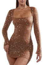 Hot Drilling Square Neck Long Sleeves Dress