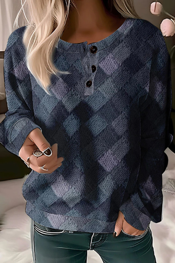 Plaid Colorblock Buttons Sweatshirt