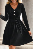 Black V Neck Buttoned High Waist Velvet Dress