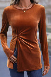 Brown Side Ruched Split Velvet Long Sleeves Top