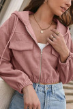 Pink Corduroy Zipper Hooded Crop Jacket