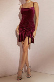 Dark Red Swing Collar Ruched Cami Velvet Dress
