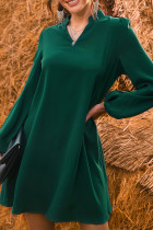 Green V Neck Puff Sleeves Dress