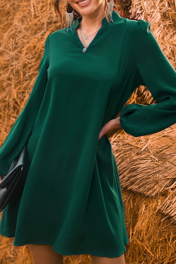 Green V Neck Puff Sleeves Dress