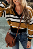 Brown Stripe Contrast V Neck Textured Knit Sweater