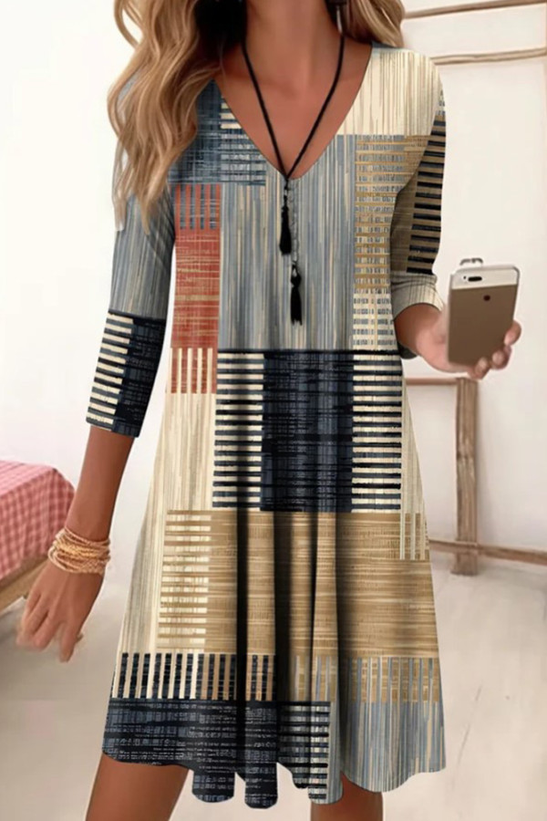 Printed V Neck Long Sleeves Dress