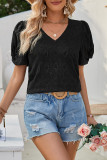Plain Hollow Out Heart Pattern V Neck Puff Short Sleeves Top
