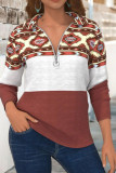 Western Print Zipper Down Long Sleeves Top