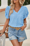 Plain Hollow Out Heart Pattern V Neck Puff Short Sleeves Top