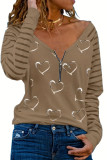 Zipper Down Heart Print Texture Stripe Sleeves Top