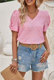 Plain Hollow Out Heart Pattern V Neck Puff Short Sleeves Top