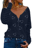 Zipper Down Heart Print Texture Stripe Sleeves Top