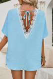 Plain Textured Back V Neck Lace Short Sleeves Top