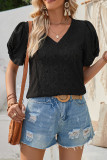 Plain Hollow Out Heart Pattern V Neck Puff Short Sleeves Top