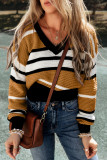 Brown Stripe Contrast V Neck Textured Knit Sweater
