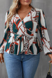 Green Chain Print V Neck Plus Size Blouse