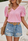 Plain Hollow Out Heart Pattern V Neck Puff Short Sleeves Top