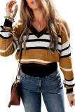Brown Stripe Contrast V Neck Textured Knit Sweater