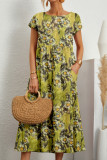 Printed High Waist Linen Maxi Dress