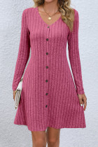 Plain V Neck Button Rib Mini Dress