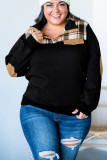 Black Plus Size Quilted Plaid Patch Henley Sweatshirt