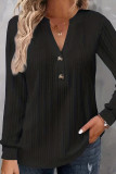 Plain V Neck Button Texture Long Sleeves Top