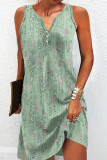 Printed V Neck Button Sleeveless Dress