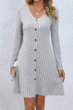 Plain V Neck Button Rib Mini Dress
