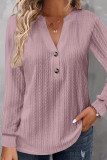 Plain V Neck Button Texture Long Sleeves Top